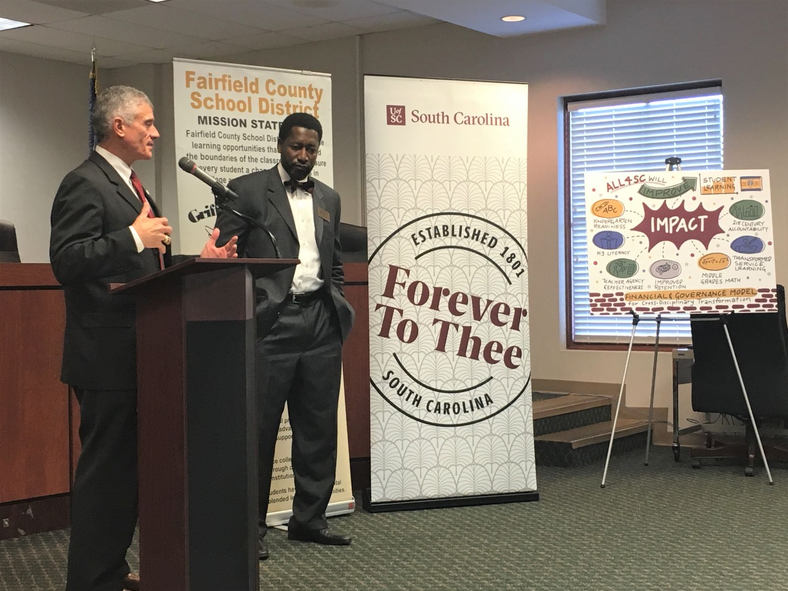 Robert Caslen (left), University of South Carolina president, and Fairfield County School Superintendent J.R. Green announce the Accelerator for Learning and Leadership for South Carolina Wednesday in Winnsboro. (Photo/Renee Sexton)