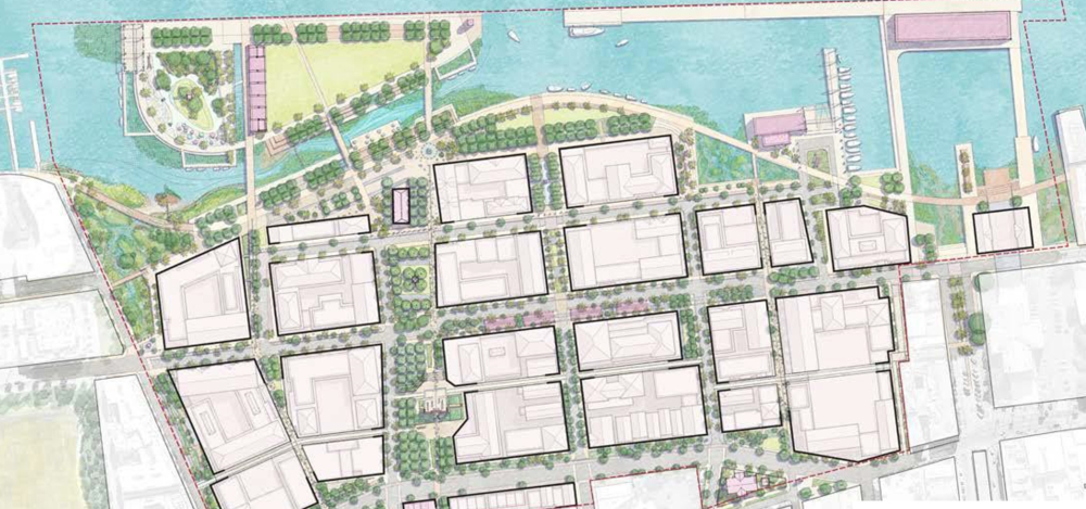 The latest application calls for 24 mixed-use buildings of varying heights, some seven stories tall, comprising hotels, residences and commercial spaces. There would be five acres of public green space along the water, with walking bridges over a small carved-out canal and a pedestrian mall surrounding the Rice Mill landmark. There would be a minimum of 367 units dedicated to affordable housing. (Rendering/Provided)