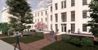 A full-scale renovation underway at Thornwell College addresses critical building needs with roof and façade repairs, a courtyard redesign and a new entry. (Rendering/Goodwyn Mills Cawood)