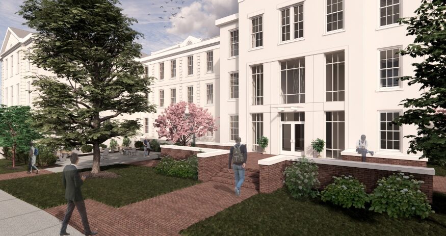 A full-scale renovation underway at Thornwell College addresses critical building needs with roof and façade repairs, a courtyard redesign and a new entry. (Rendering/Goodwyn Mills Cawood)