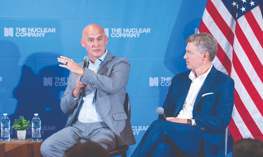 The Nuclear Company Chief Nuclear Officer Joe Klecha, left, speaks during a stop by The Nuclear Frontier national campaign in 2024 at Nucor’s headquarters in Charlotte. (Photo/The Nuclear Company)|The Nuclear Company Chief Nuclear Officer Joe Klecha, center, visits Georgia Tech’s nuclear engineering program during a stop by The Nuclear Frontier national campaign in July 2024. (Photo/The Nuclear Company)