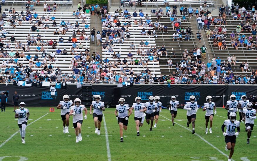Carolina Panthers practice during the NFL football team's training camp in Gibbs Stadium at Wofford College on Saturday, July 30, 2022, in Spartanburg, S.C. The Panthers announced they will host training camp in Charlotte next summer. The Panthers have held training camp at Wofford College in Spartanburg, S.C., every year since the team began play in 1995, with the exception of 2020 during the COVID-19 pandemic when it was held in Charlotte. (AP Photo/Chris Carlson, File)