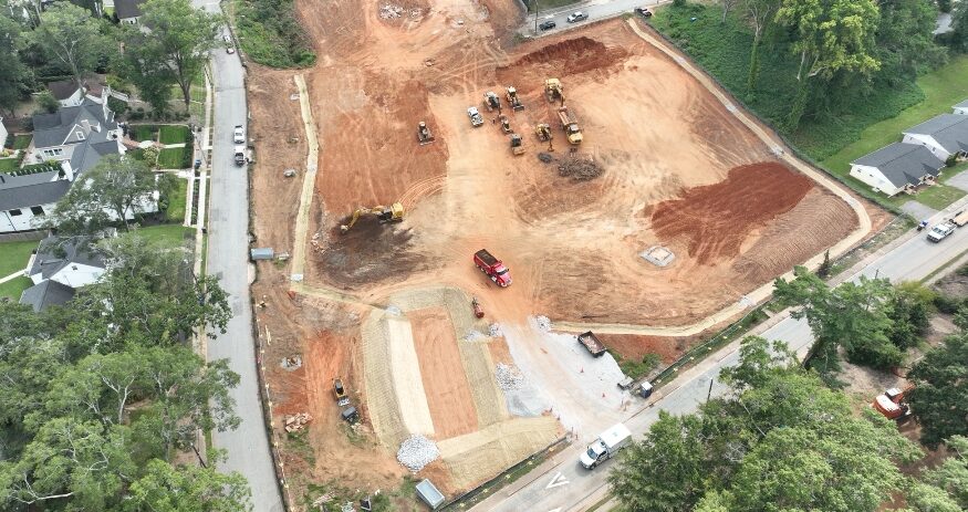 Site preparation continues to advance, with clearing and grubbing complete, erosion control measures nearly finished, and crews preparing to install underground utilities. (Photo/P+F Construction)