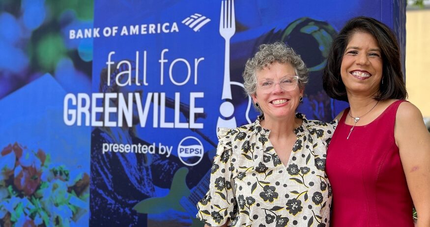 Stacy Brandon, left, Bank of America market president and Chef Veera Gaul, board chair of Fall for Greenville, at the Aug. 14 lineup announcement. (Photo/City of Greenville)|(Photo/City of Greenville)|(Photo/City of Greenville)