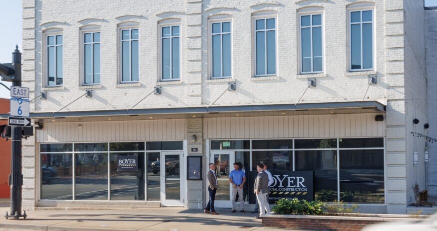 Three area restaurant operators are making plans to bring new life to an old building on Main Street in Lexington, where they plan to open a steakhouse in January. (Photo/Forrest Clonts)|Joe Walker, Steve Cook, Brian Boyer and Ryan Jones outside the former Alodia’s Italian Restaurant, soon to be a modern steakhouse in Lexington. (Photo/Forrest Clonts, Flock and Rally)