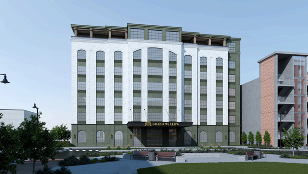 The Grand Willow will rise even floors above Freed Street in the BullStreet District. (Rendering/Stephen Berry)