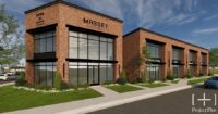 A rendering shows Massey Engineering’s future headquarters at 2500 Main St. in Columbia’s NOMA district, where a former garage will be redeveloped alongside new retail space called NOMA Crossings at Cottonwood. (Rendering/Project Plus Architects)