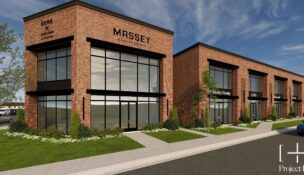 A rendering shows Massey Engineering’s future headquarters at 2500 Main St. in Columbia’s NOMA district, where a former garage will be redeveloped alongside new retail space called NOMA Crossings at Cottonwood. (Rendering/Project Plus Architects)