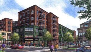 A rendering shows Woven, a mixed-use community under construction in the Village of West Greenville that will deliver apartments, retail space and public gathering areas. (Rendering/Housing Studio)