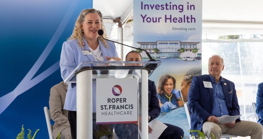 Dr. Megan Baker, senior vice president and chief clinical officer, addresses project supporters ahead of the groundbreaking ceremony. (Photo/Roper St. Francis)