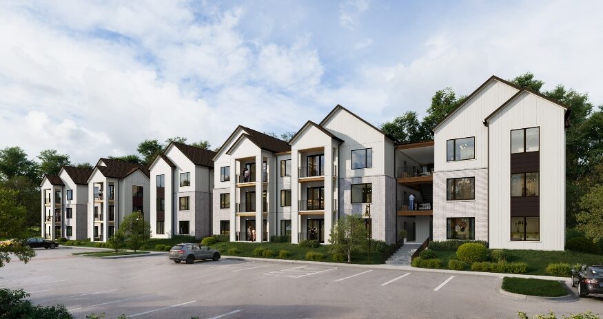 Construction is underway on Venture on the Trail, a 222-unit apartment community along the Prisma Health Swamp Rabbit Trail in Greenville. (Rendering/13th Floor Investments)