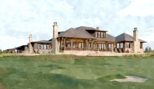 A rendering shows the future clubhouse complex at Kawonu Golf Club, a private golf-only club under development near Greenville. (Rendering/Joel Newman)