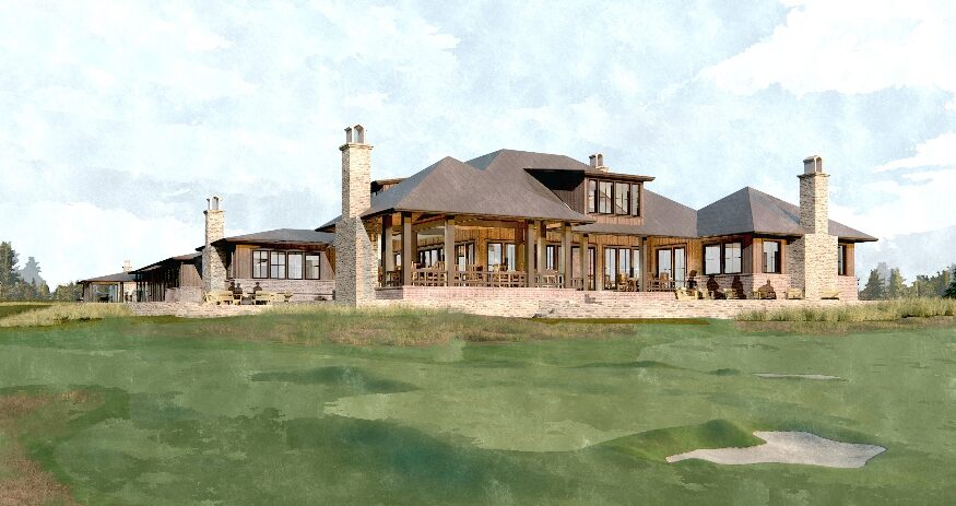 A rendering shows the future clubhouse complex at Kawonu Golf Club, a private golf-only club under development near Greenville. (Rendering/Joel Newman)