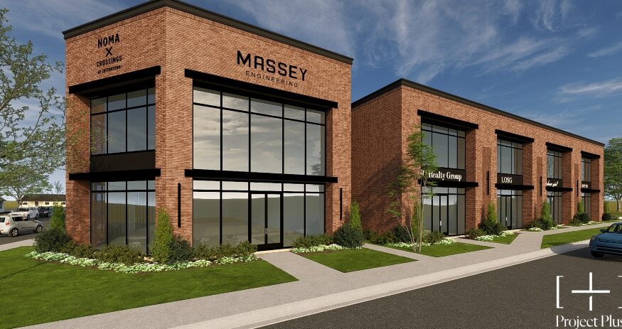 NOMA Crossings at Cottontown & Massey Engineering HQ includes renovation and conversion of an existing auto shop and construction of a mixed-use retail and office building. (Rendering/Project Plus Architecture)