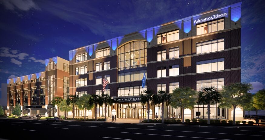 A rendering shows the new five-story Palmetto Citizens Federal Credit Union corporate headquarters planned for downtown Columbia, with completion expected in January 2027. (Rendering/Quackenbush Architects + Planners)