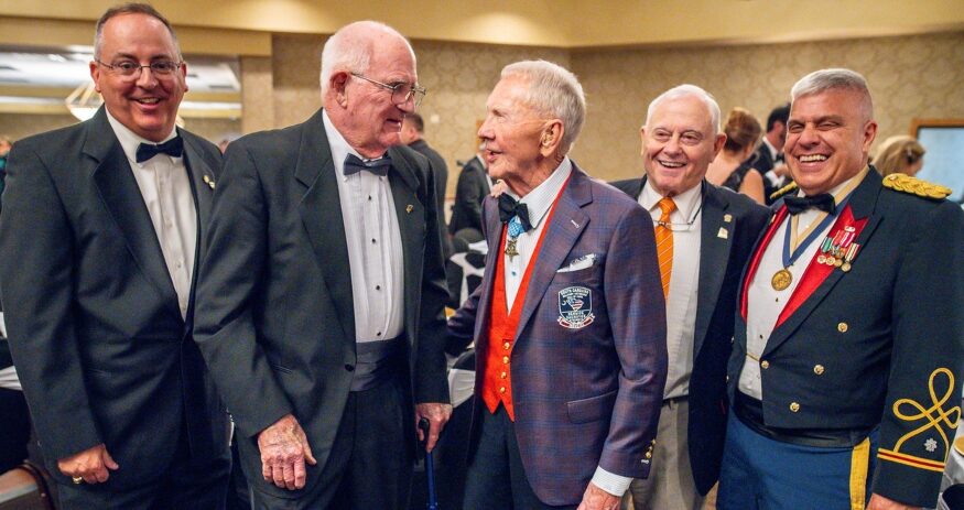 Air Force Col. Keith Balts (retired), director of the Leadership Signature Program in the Wilbur O. and Ann Powers College of Business; retired Air Force Brig. Gen. Hap Carr, a member of the SCMVHOF board of directors and inaugural inductee; retired Marine Corps Maj. Gen. and Medal of Honor recipient James Everett Livingston; retired Air Force Col. Sandy Edge; and retired Army Lt. Col. Jimmy Mullinax, Clemson’s executive director of military affairs. (Photo/Ken Scar)