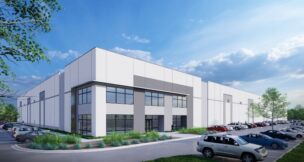 A rendering shows the N. Greenwood Phase II Speculative Building, one of four commercial construction projects featured in this edition of Under Construction. (Rendering/McMillan Pazdan Smith)