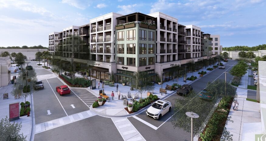 Woodfield Development has begun construction on a 285-unit apartment community at Ashley Landing in West Ashley, part of a broader mixed-use redevelopment. (Rendering/Woodfield Development)
