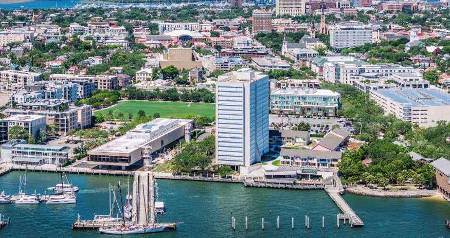 JLL is marketing the 3.31-acre Dockside site on the Charleston Peninsula, which includes nearly 300 feet of Cooper River frontage and a private concrete pier. (Photo/JLL)